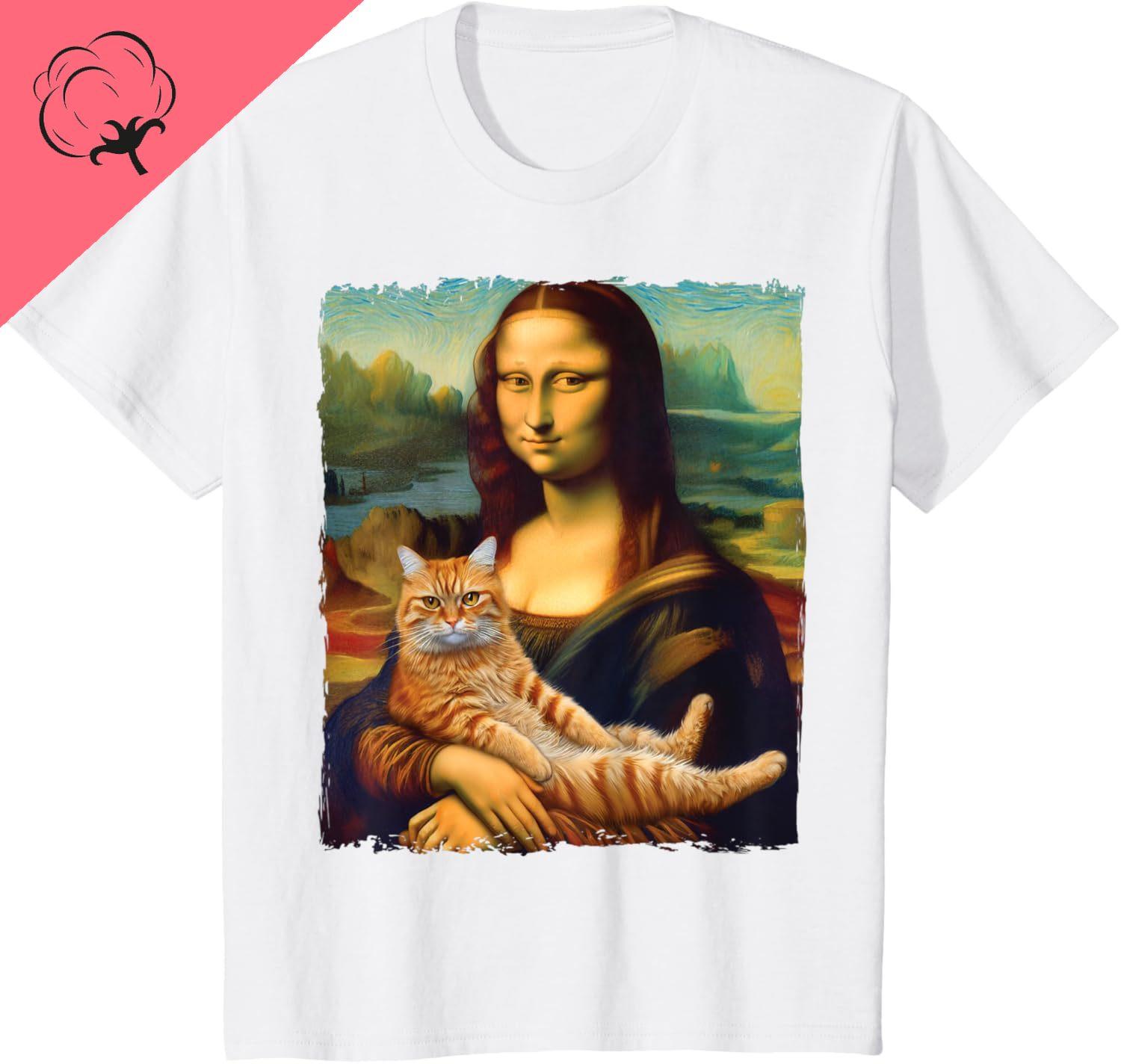 Mona Lisa Holding Cat Kitty for Cats Lover Cat Dad Cat Mom TShirt Y2k Clothes Unisex Unisexs Clothing 100 Cotton Harajuku Goth S