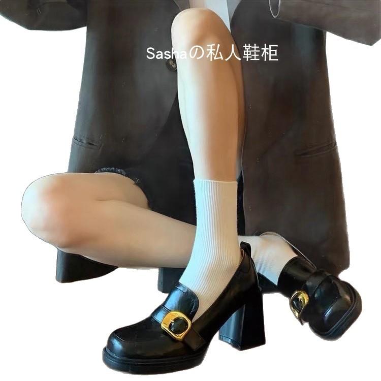Retro British style one-pedal loafers square head high-heeled small leather shoes women's shoes thick-heeled single shoes Mary Jane women's shoes