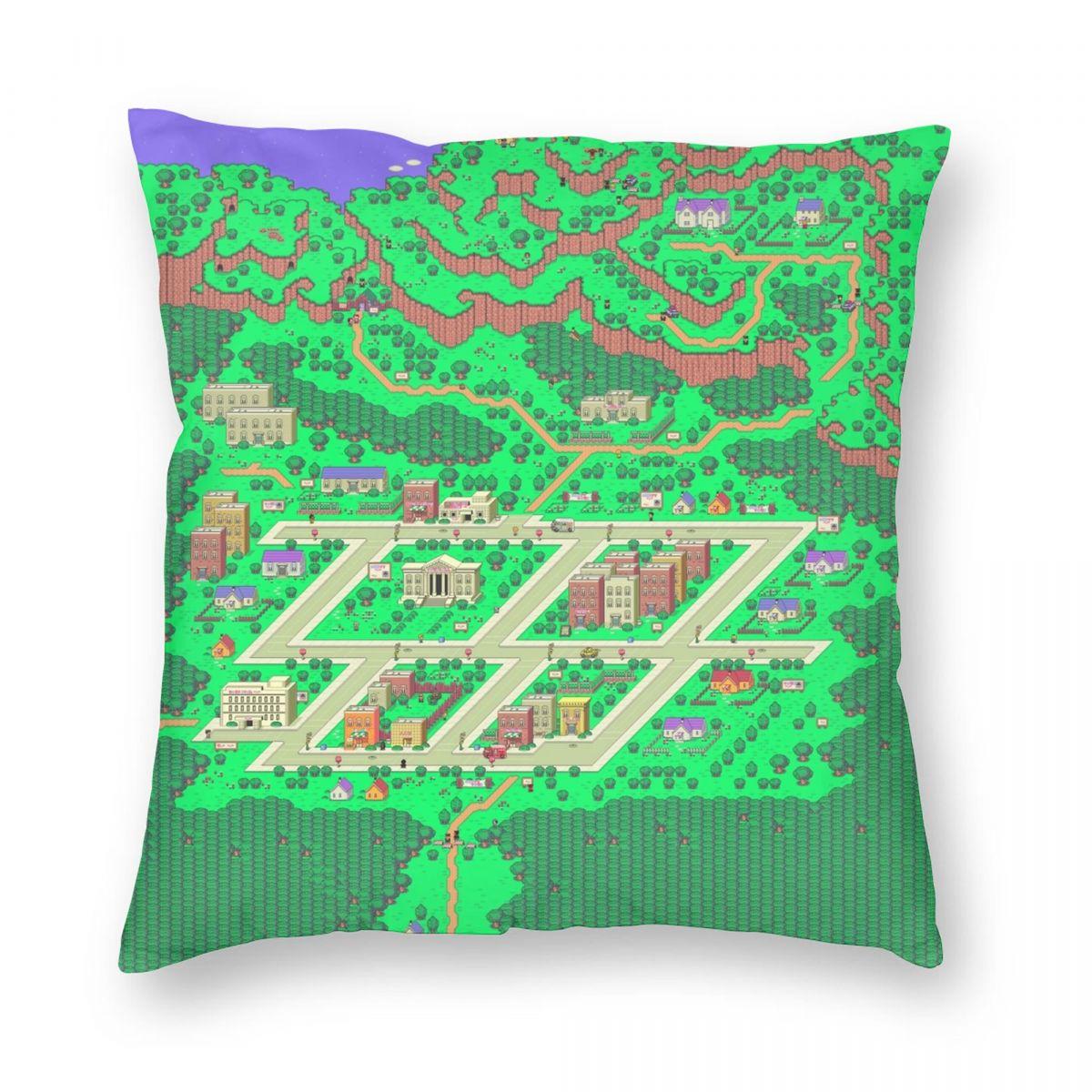 Earthbound Onett Map Square Pillowcase Polyester Linen Velvet Pattern Zip Decor Pillow Case Car Cushion Cover Peach skin 18*18(CM)-1Pcs