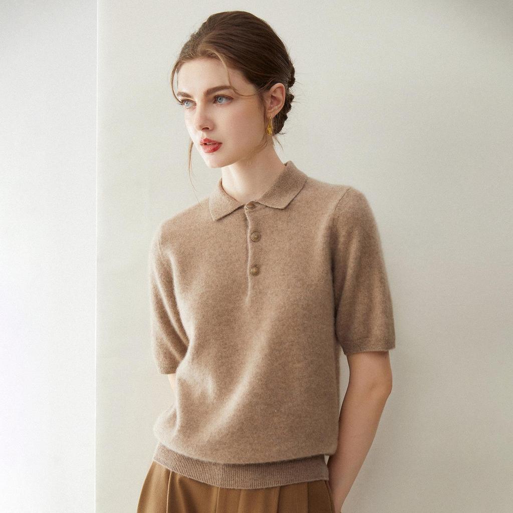 2026 Le Kasha Women's 100% Cashmere Polo Neck Short Sleeve Knit Pullover - Versatile Solid Color
