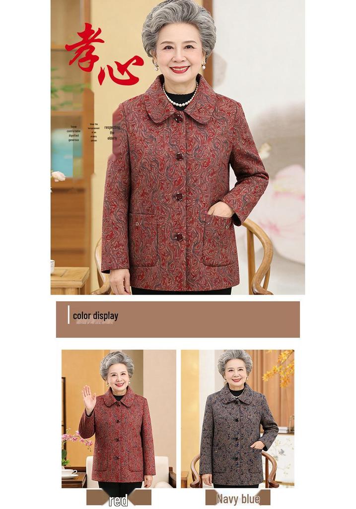 Elegant Plus-Size Floral Jacket for Middle-Aged and Elderly Women - Comfortable and Warm Long-Sleeve Top for Autumn/Winter