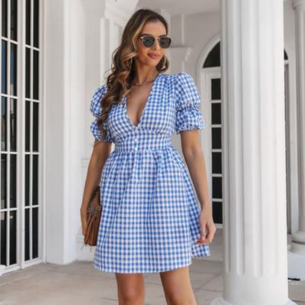 Women's Fashion Summer Spring Plaid Print Short Sleeve V-Neck High Waist Casual Dresses