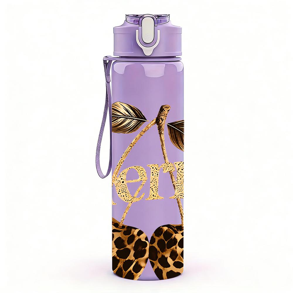 1PC Leopard Cherry Gold Letter Graphic,750ml Color Plastic Sports Water Bottle,Leakproof Flip Straw Lid,Suitable for Sports Office Home Use