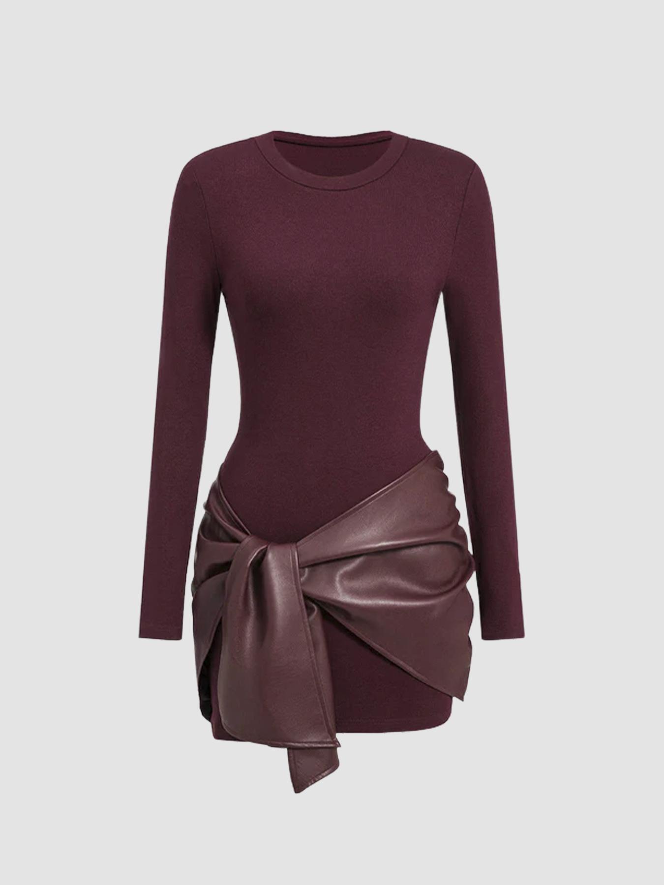 

Женское однотонное мини-платье с длинным рукавом, европейский и американский стиль, с завязкой спереди и PU-отделкой, на 2025 год XXL вино красного