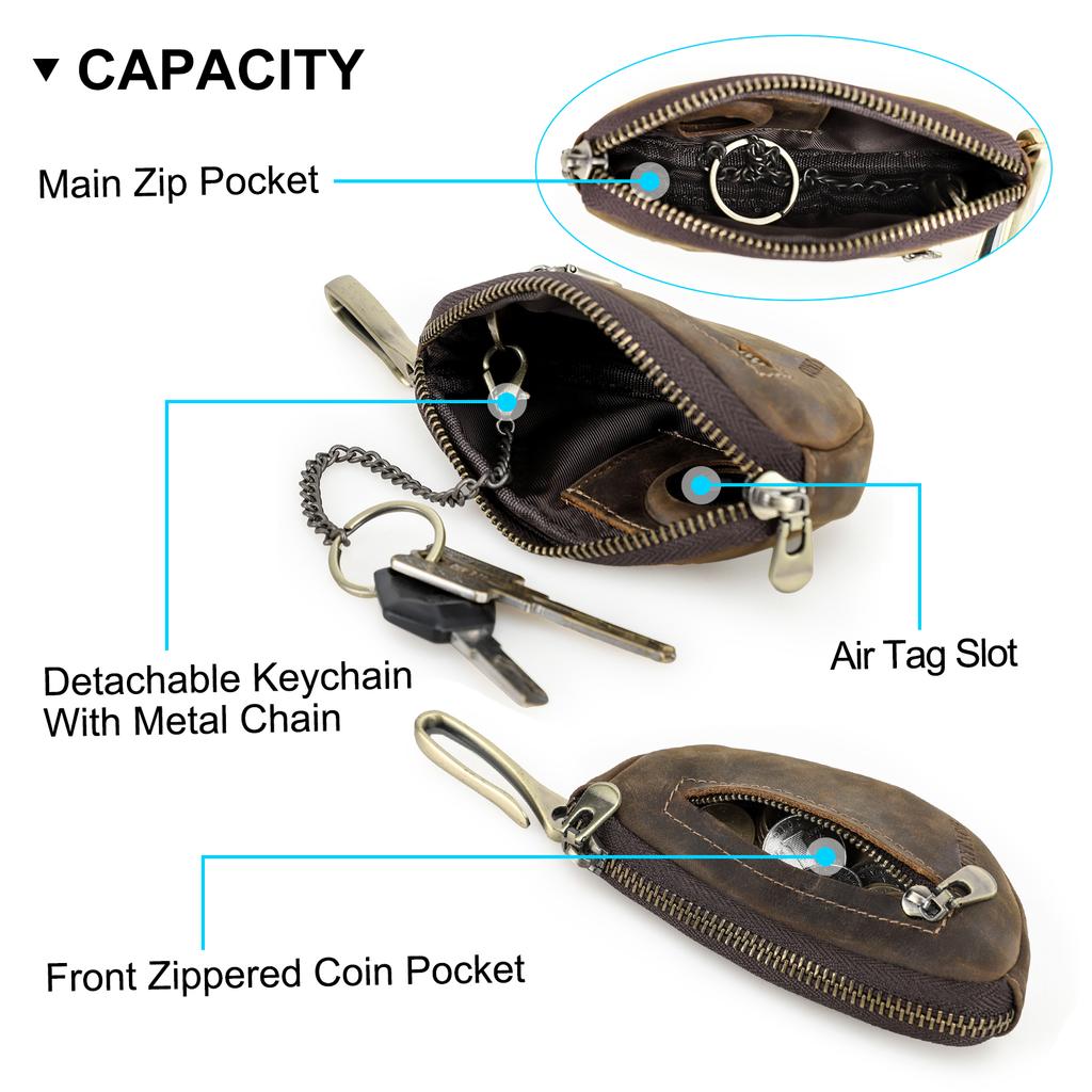 Contact's Handmade Leather Key Pouch Anti-lost Vintage Crazy Horse Leather Key Wallet With Airtag Slot Small Pouch for Keys Coin