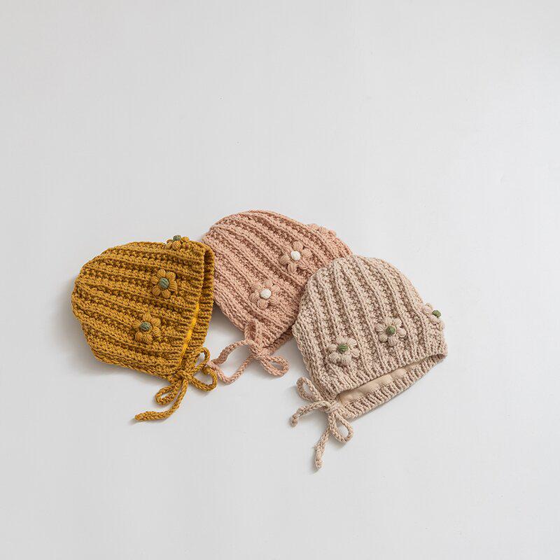 Korean Chic Flower Earmuff Hat: Warm Knit Wool Head Cover for Infants & Toddlers with Ties, Windproof & Handmade