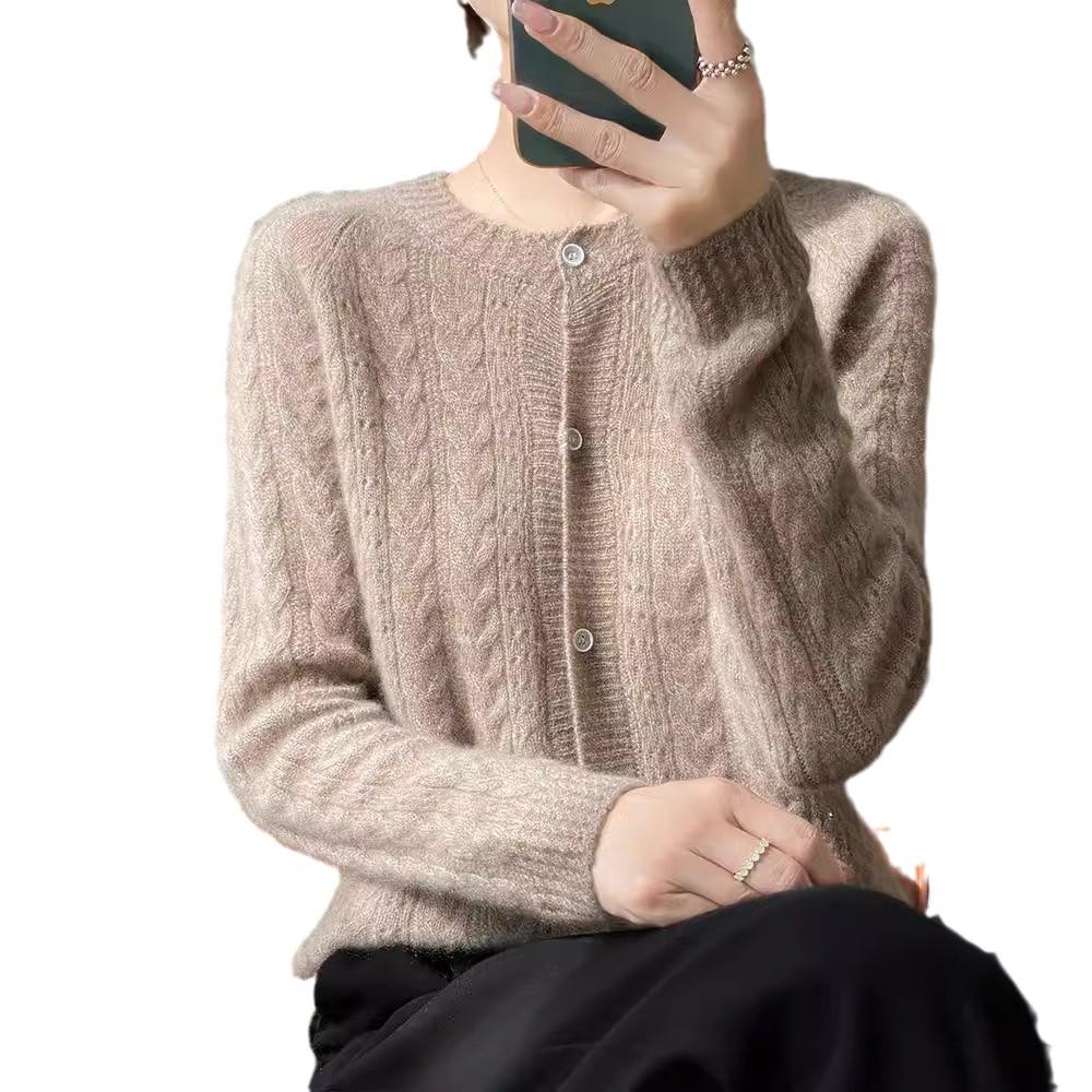 Cardigan tricotat cablu ajurat din lână 100% pentru femei - Croială lejeră pentru toamnă/iarnă