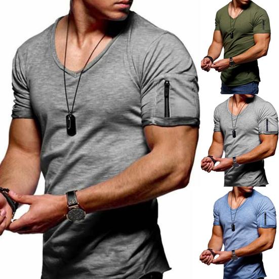 Men Solid Color Zip Pocket V Neck Short Sleeve T-shirt Fit Plus Size Tee Top