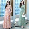 Spring and Autumn Mom Dress Waist Slim Fit Over Knee Bow V-Neck Chiffon Long Dress Dress Commuter Style