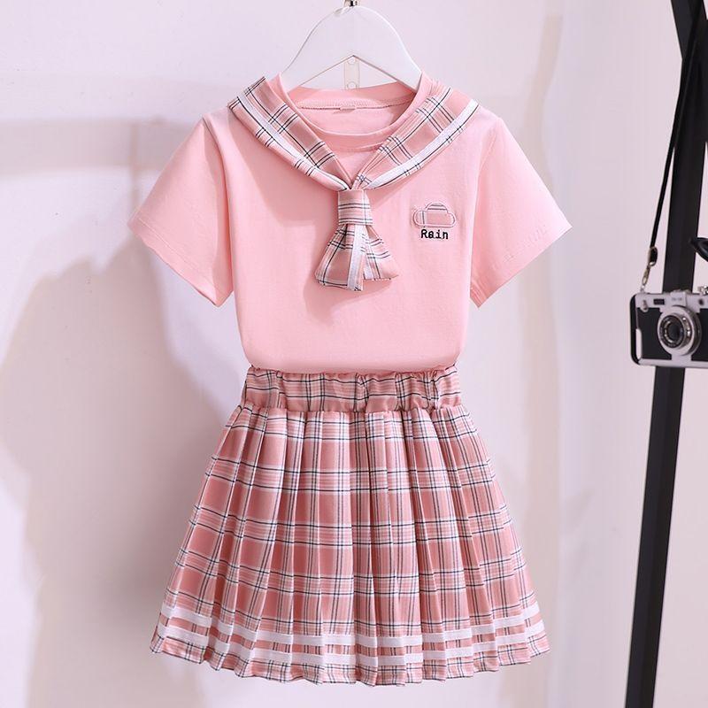Moda de Verano para Niñas Conjunto de Uniforme JK Estilo Universitario Falda Plisada a Cuadros 2 Piezas Ropa Casual Escolar para Adolescentes