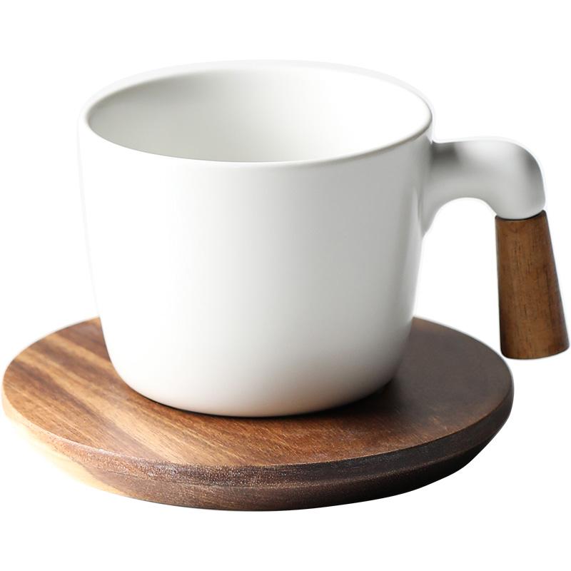 Creative Wood Handle Ceramic Coffee Cup Saucer Afternoon Tea Black Tea Cup with Wooden Pad Matte