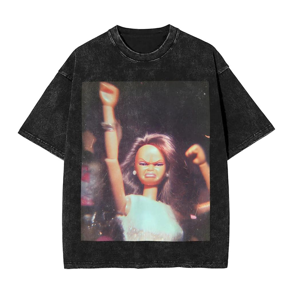Distressed Doll Face Graphic Print Funny Meme Harajuku Fashion Tshirt Women Men Vintage Washed Oversized Top Cotton Summer Tees