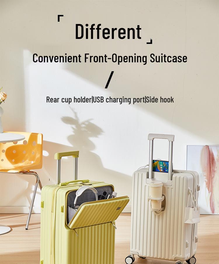 20-Inch Leather Front-Opening Suitcase with Universal Wheels and Combination Lock - Large Capacity for Men and Women
