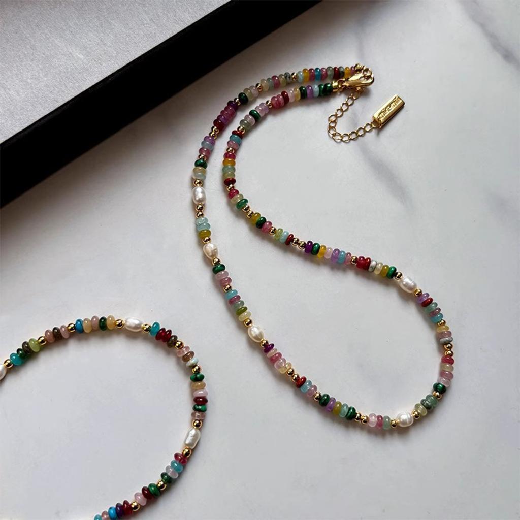 Fashionable Colorful Beads Natural Pearls Necklace Bracelet for Women Retro Gold Chain Jewelry Special Gifts Wear