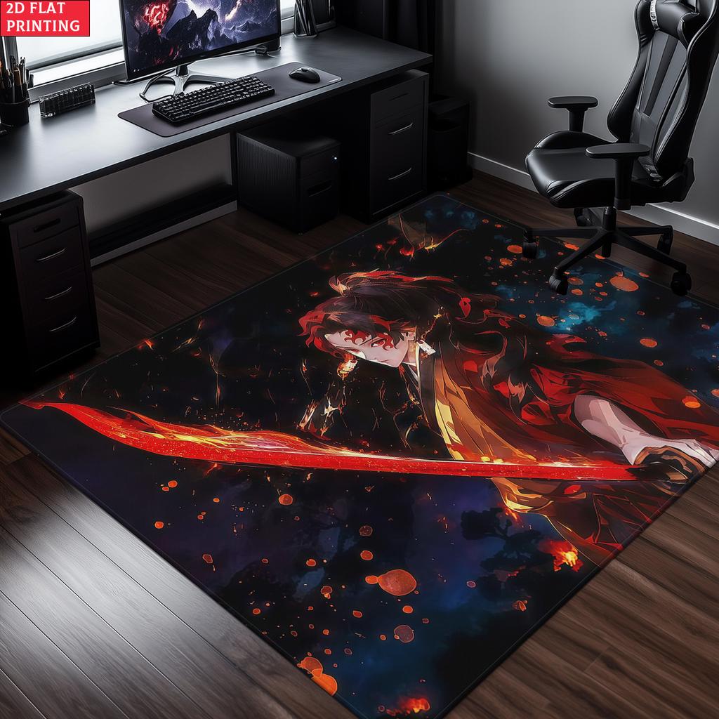Anime Swordsman Area Rug, Red Flame Theme Non-slip Floor Mat,Decorative Carpet for Gaming Room Bedroom, Washable Home Decor Gift