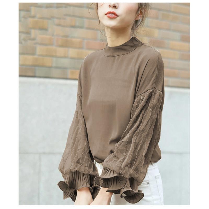 Women Elegant Party Blouse Chic Mesh Ruffle Sleeve Autumn Designer Stand Collar Shirts Korean Loose Tunics