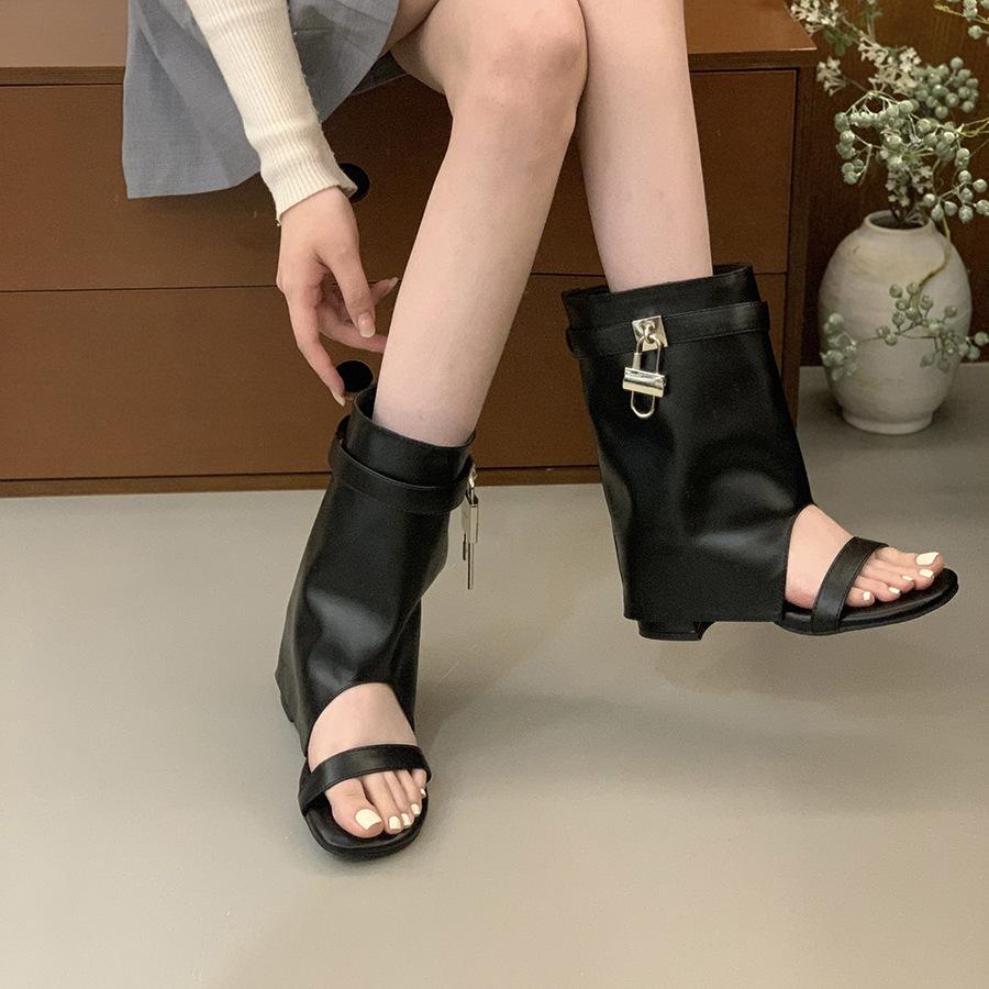 Thick Heel Black Internet Celebrity Hottie Open-toed Cool Boots Women's Shoes Summer Vacation Skirt High Heel Pants Short Boots