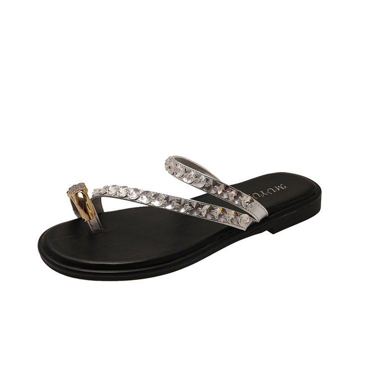 French Style with Skirt Rhinestone Cool Slippers Women's Summer Wear 2025 New Beautiful Seaside Sandals Fairy Silver Slippers