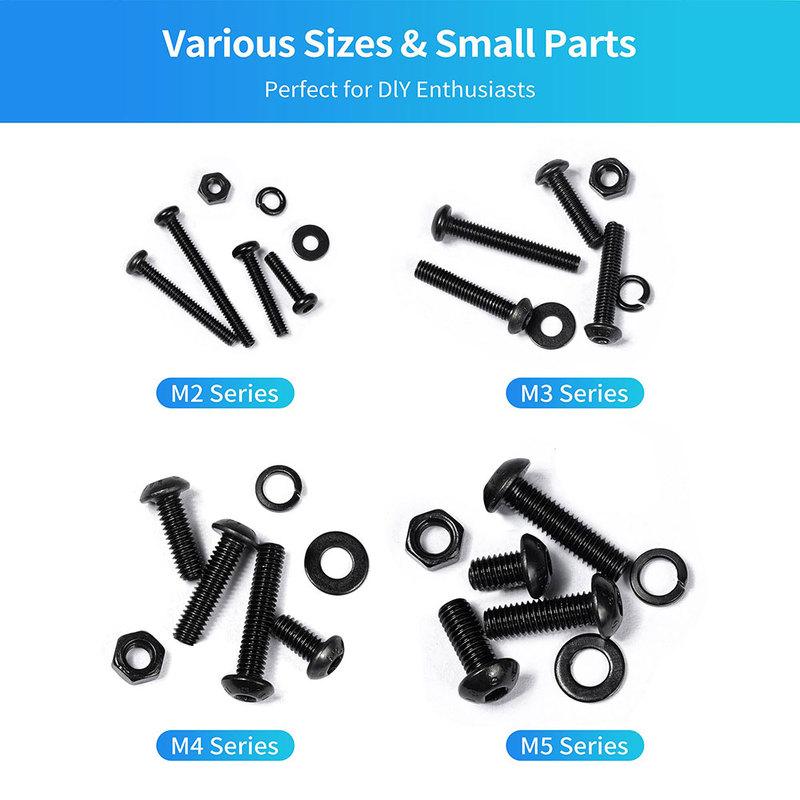 1800PCS Metric Screw & Bolt Kit: M2 M3 M4 M5 Hex Socket Button Head Screws, Lock & Flat Washers, Nuts, 10.9 Alloy Steel, Black