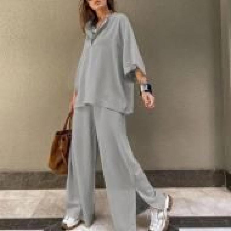 Solid-color Loose Two-piece Women's Casual Loose Pants Set, Women's Retro Women's Clothing