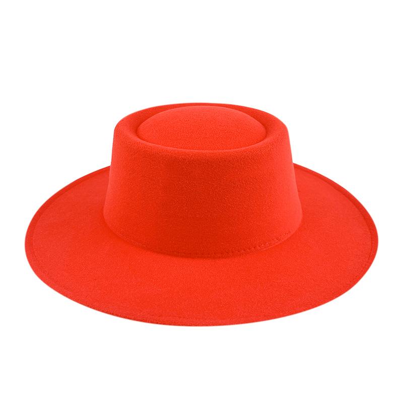 British style solid color big brim flat top top top hat French fashion jazz flat top woolen hat autumn and winter felt hat