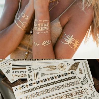 Metalik Altın Kelebek Dövme Gümüş Su Geçirmez Geçici Dövmeler Vücut Üzerinde Çıkartmalar Kadın Erkek Boho Resort Tarzı