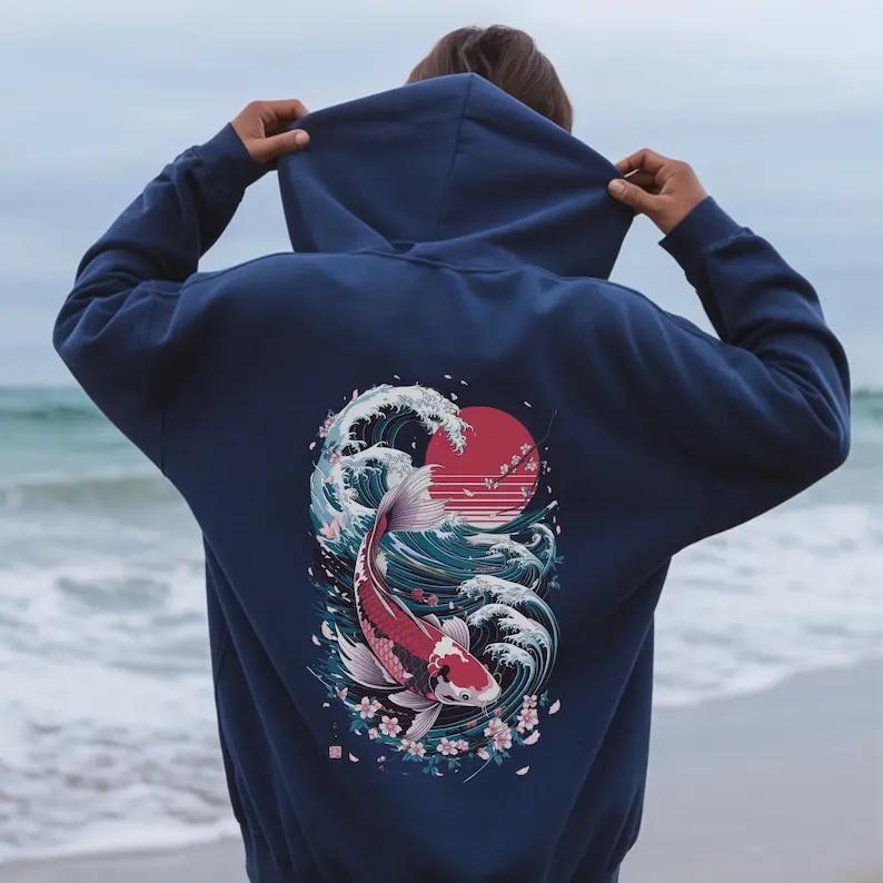 Cozy Japanese Koi Fish Hoodie Nautical Asian Art Sweater Unisex Tokyo Style Urban Pond-Themed Hooded Top Perfect for The Beach