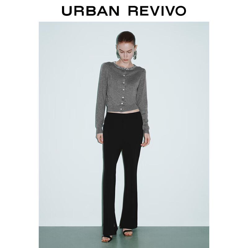 UR 2025 Spring Women's Gray Beaded Round Neck Knitted Cardigan