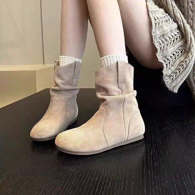 Pile boots medium tube women's round head flat bottom short boots new autumn and winter short boots