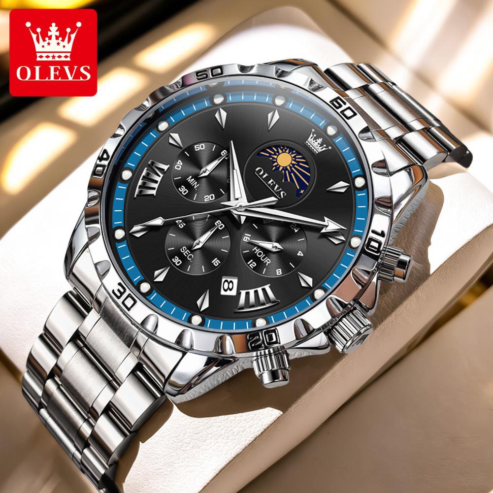 OLEVS Men's Quartz Watch Luxury Original Solid Steel Strap 24Hour Moon Phase Chronograph Waterprof Luminous Watch for Man 2949