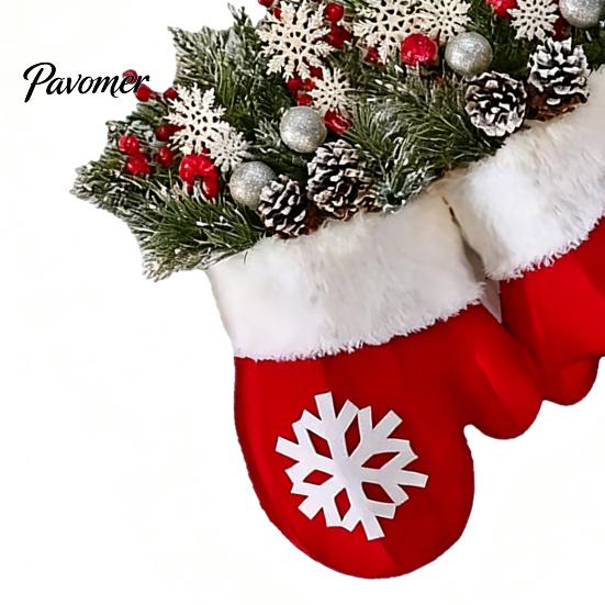 Snowflake Pattern Holiday Wreath Christmas Mitten/Stocking Wreath, Decorative Artificial with Berries Pine Cones, Garland for Wall Branches,
