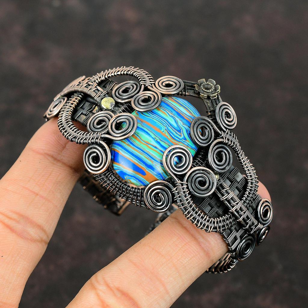 Rainbow Calsilica Cuff Bracelet Copper Wire Wrapped Gemstone Bangle Handmade Jewelry Adjustable Cuff Bracelet Copper Jewelry Engagement Gift