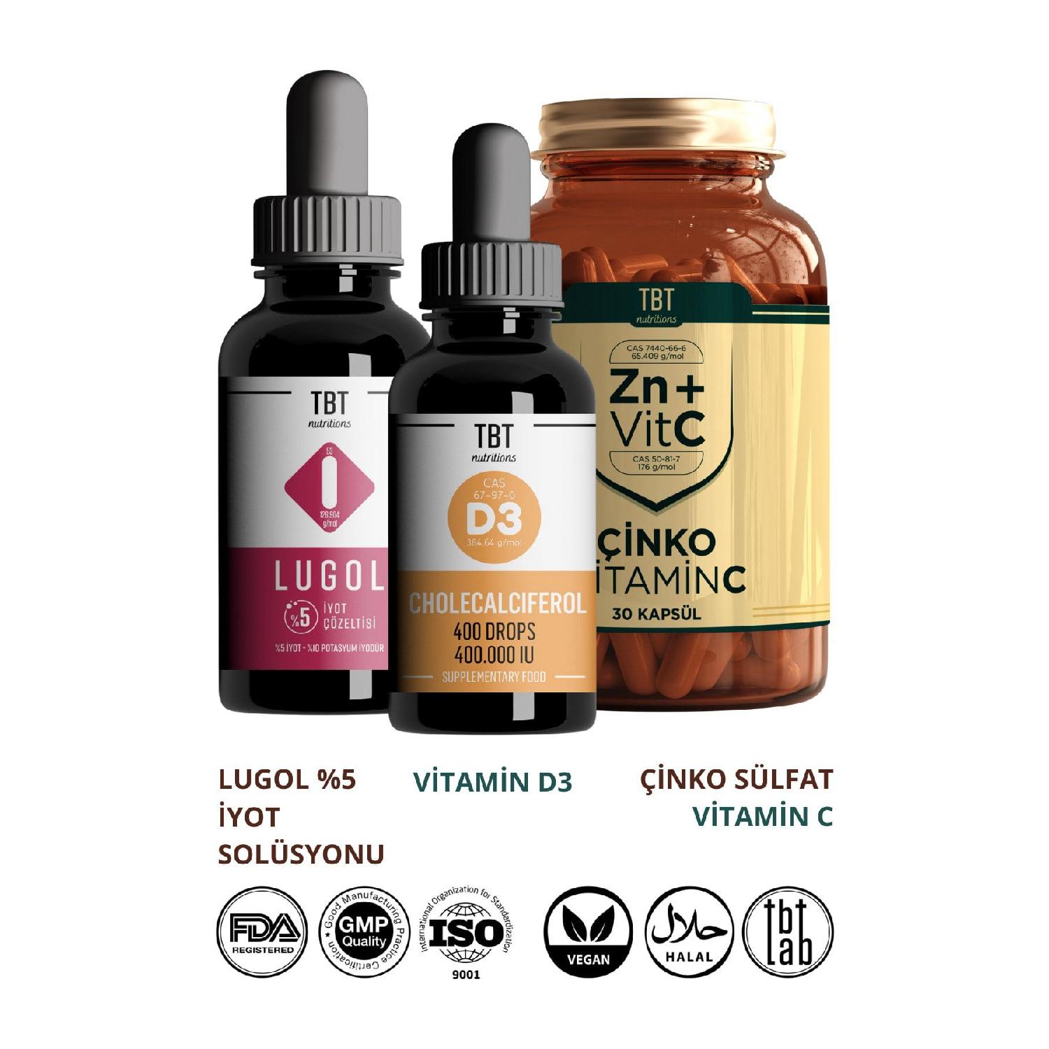 

Lugol 5% iodine Solution - Zinc Vitamin C Capsule - Vitamin D3 Collectalsiferol Drop
