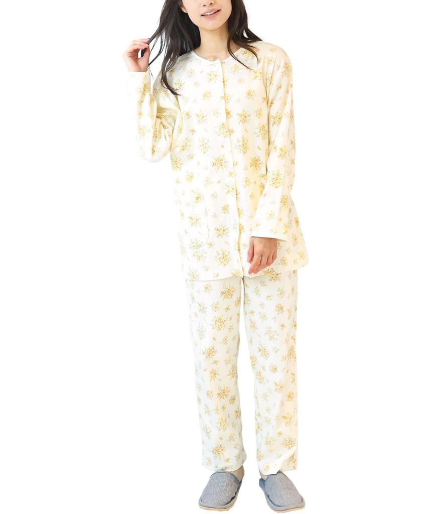 Nishiki Made in Domestically Smooth Long Front Top and Bottom Long Loungewear for Spring and Autumn Women's Pajamas, Japan, Sewn, 100% Cotton,