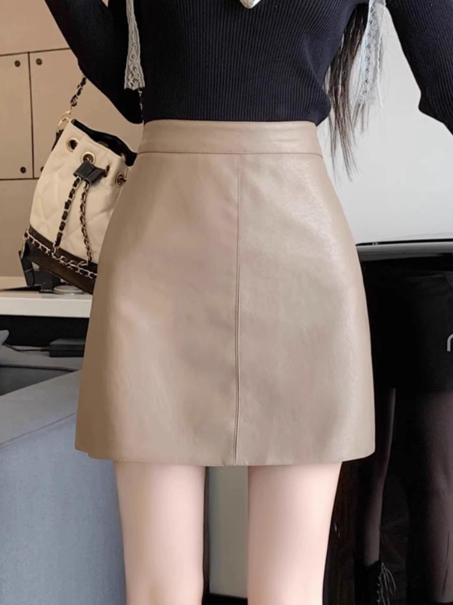 Women s High-Waist Matte PU Leather A-Line Skirt – Black, Slim-Fit, Petite, Autumn/Winter Fashion S хаки