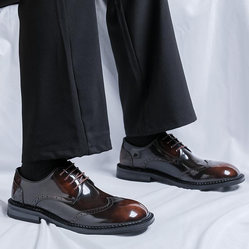 Fashion Fashion Men Casual Leather Derby Shoes Italian Thick Sole Big Toe Trendy Patent Leather Shoes Lace-up Thick Bottom Oxford Shoes