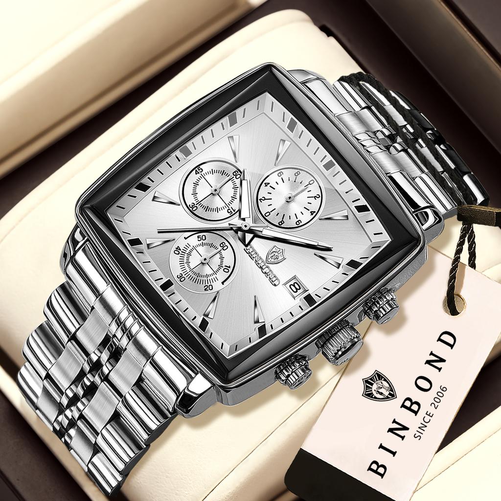 BINBOND Men Multifunctional Quartz Watch Three-Eye Six-Hand Business Stainless Steel Band Fashion Casual Wristwatch Reloj Hombre