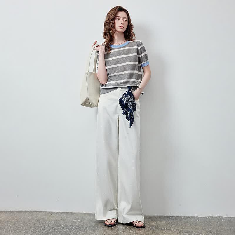 Chuyu Women's Lyocell Retro Stripe Short-Sleeve Knit Top
