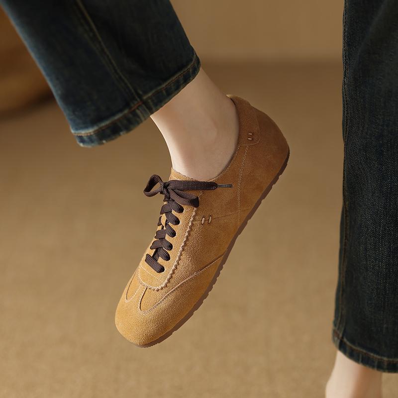 Fashion 2025 New Suede Leather Loafers Woman Round Toe Lace Up Casual Flats Shoes Outdoors Walk Fashion Shoes Flats Shoes for Women