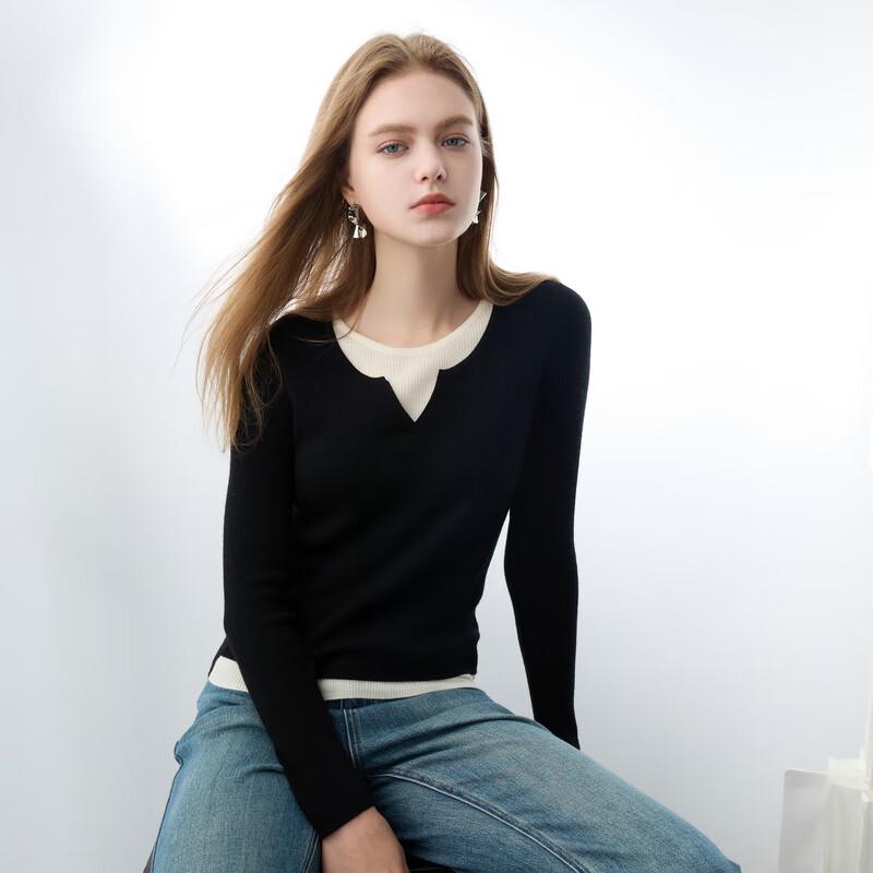 Sancai Women's Faux Two-Piece Colorblock 100% Wool Sweater