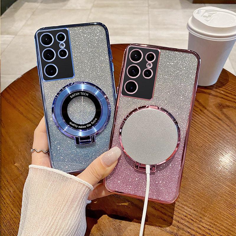 Suitable for Samsung S25ULTRA Electroplated Mobile Phone Case Magnetic Suction Bracket A17 Gradient Flash Powder A54 Anti Fall 24 Protective Cover