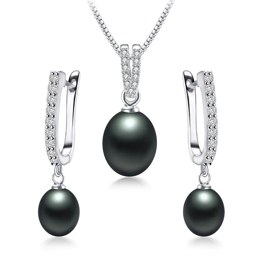 YWYC Horseshoe 8-9mm Rice Freshwater Pearl Earrings&Necklaces Jewelry Set for Women 925 Silver 45cm Pendant Necklace