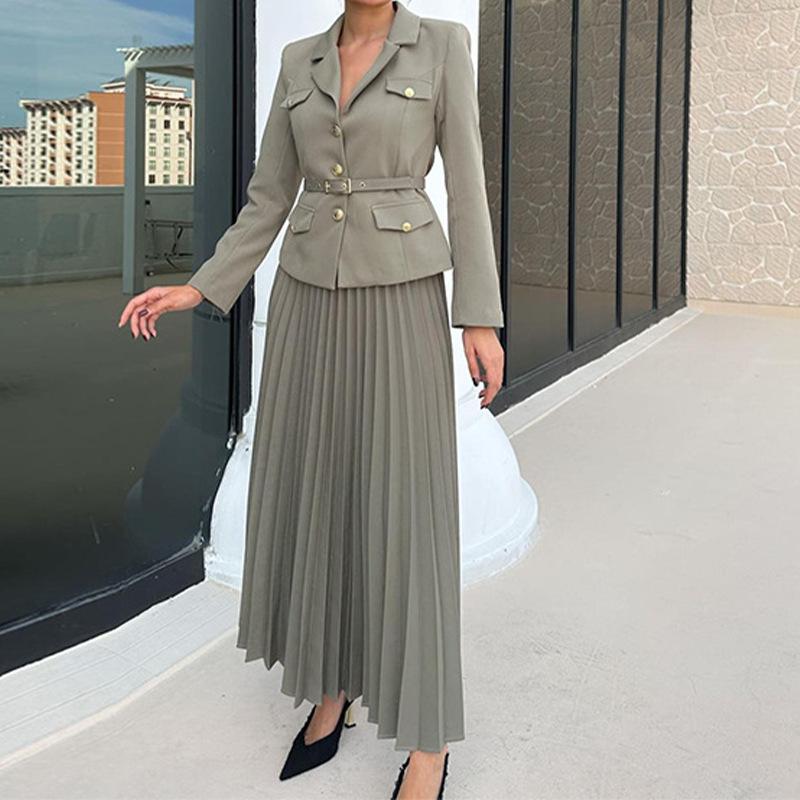2024 Autumn European & American Solid Color Lapel Suit with Pleated Midi Skirt