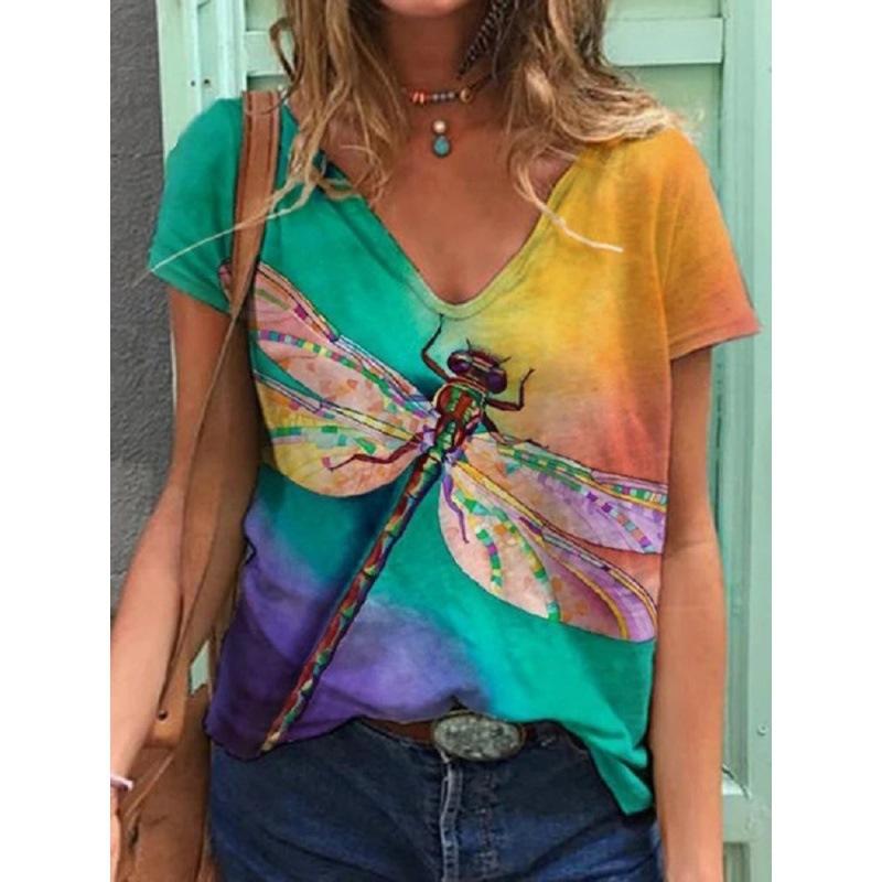 Ladies' Casual Summer Pullover V-neck T-shirt with Floral 3D Printing Short Sleeved Loose Women's Top T-Shirts Women’s