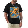 Tangerine Oktopus auf Blauem Hintergrund T-Shirt Funktional Lässig Kurzarm Tee