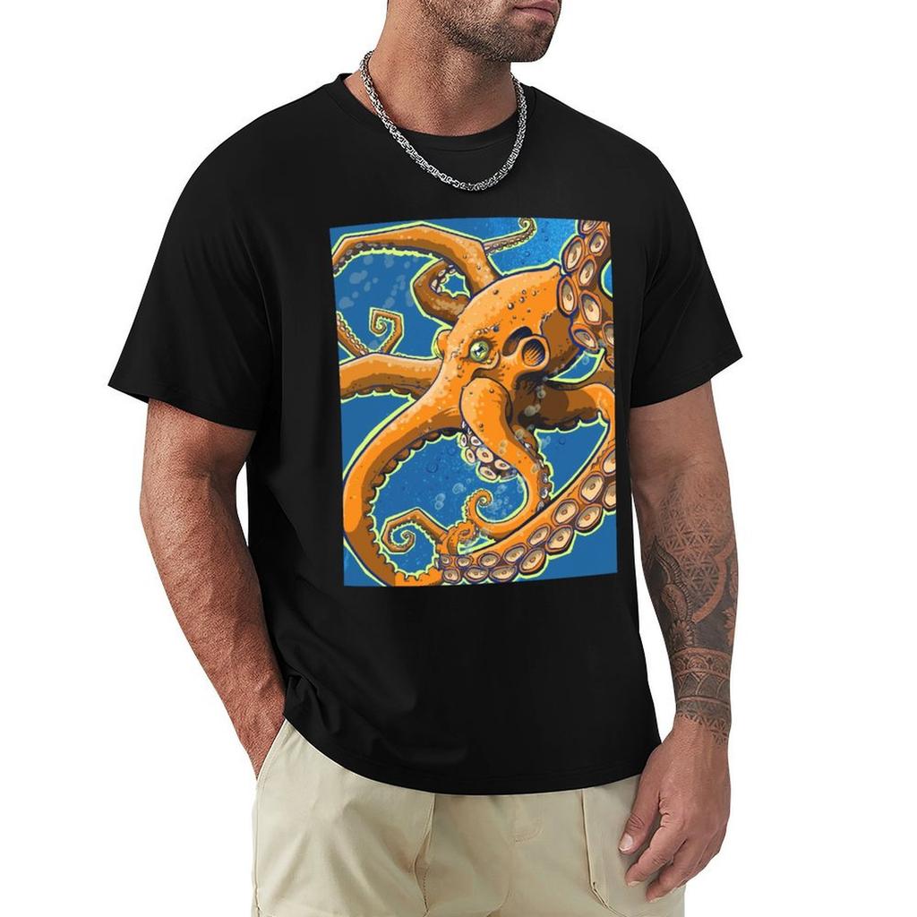 Tangerine Oktopus auf Blauem Hintergrund T-Shirt Funktional Lässig Kurzarm Tee