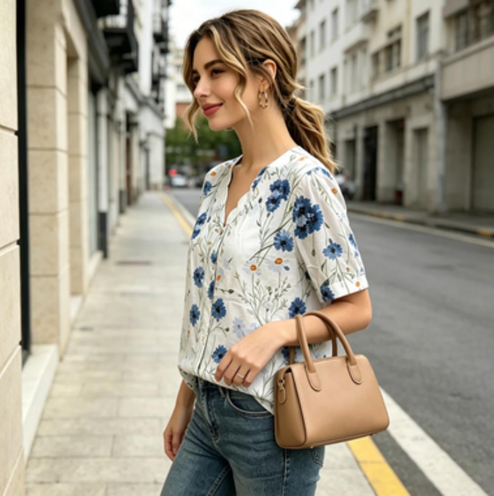 Women's Blue Floral Print Short Sleeve Button Down Shirt, Casual V-Neck Loose Blouse for Summer, Breathable Lightweight Top for Daily Wear & Vacation