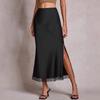Fuste midi din satin de mătase pentru femei Rochie casual elegantă cu tiv din dantelă Fustă A-line cu talie înaltă Elegantă pentru petrecere și cocktail cu fantă laterală Fustă fluidă pentru oaspeți pentru femei