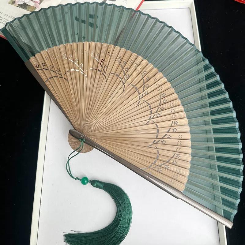 Vintage Antique Folding Fan Bamboo Ribs Carved Hollow Women Gilr Hanfu Cheongsam Performance Dance Fan Summer Portable Hand Fan