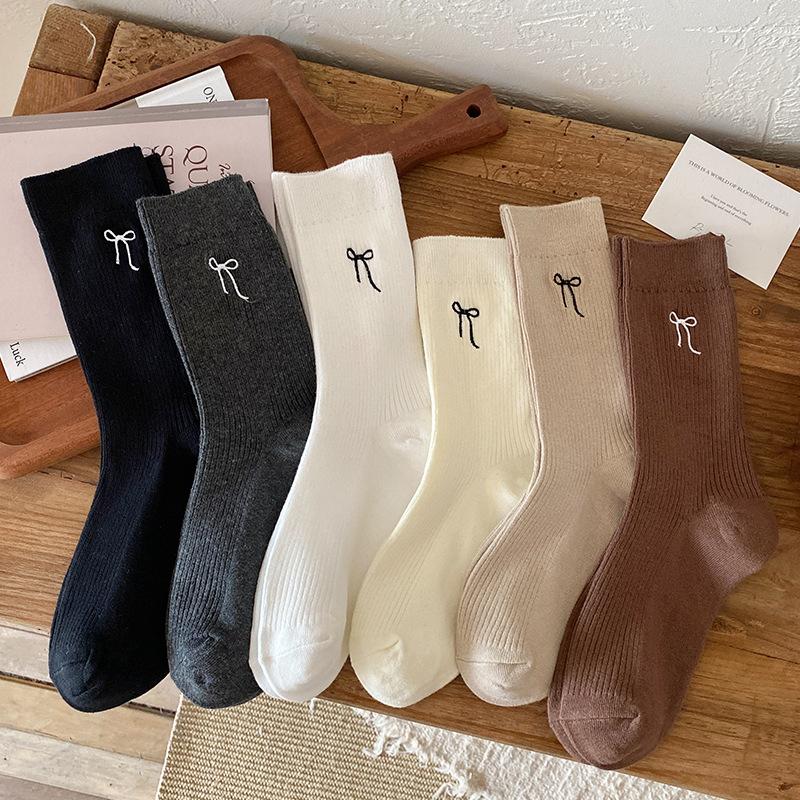 Autumn Socks, Women's Embroidered Bow Mid-calf Lolita Retro Trendy Solid Color Versatile Cotton Socks